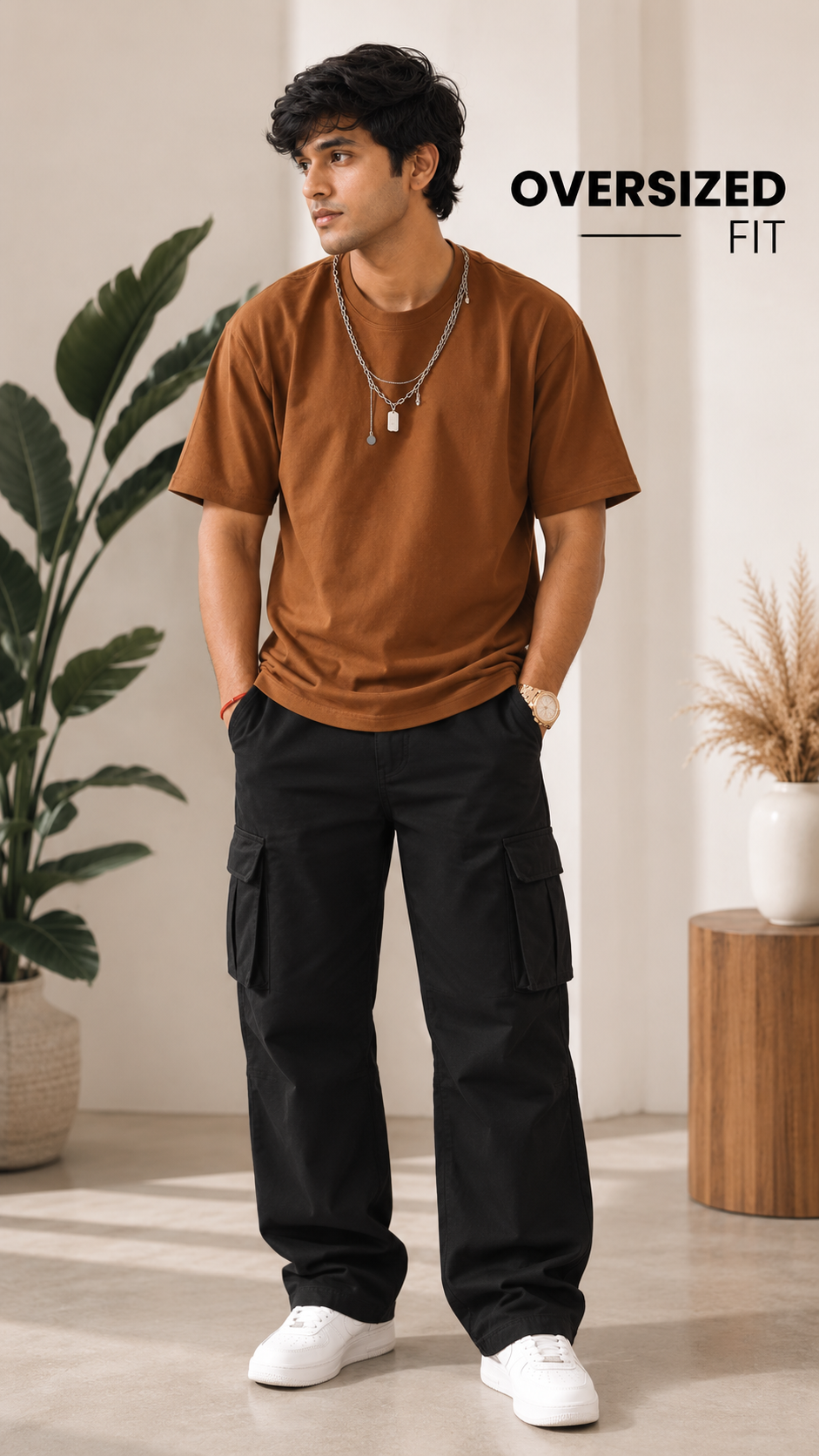 ALAGRAAG MOCHA BROWN OVERSIZED TEE WITH CHAIN