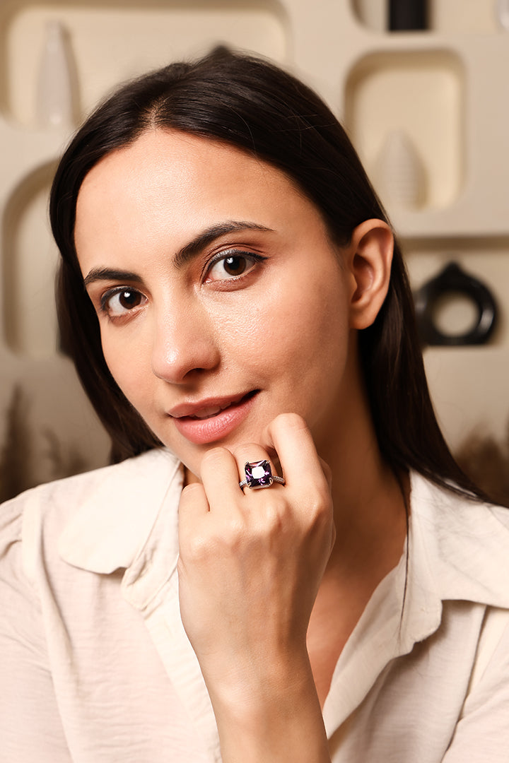The Royal Radiance | Cushion-Cut Amethyst Silver Ring